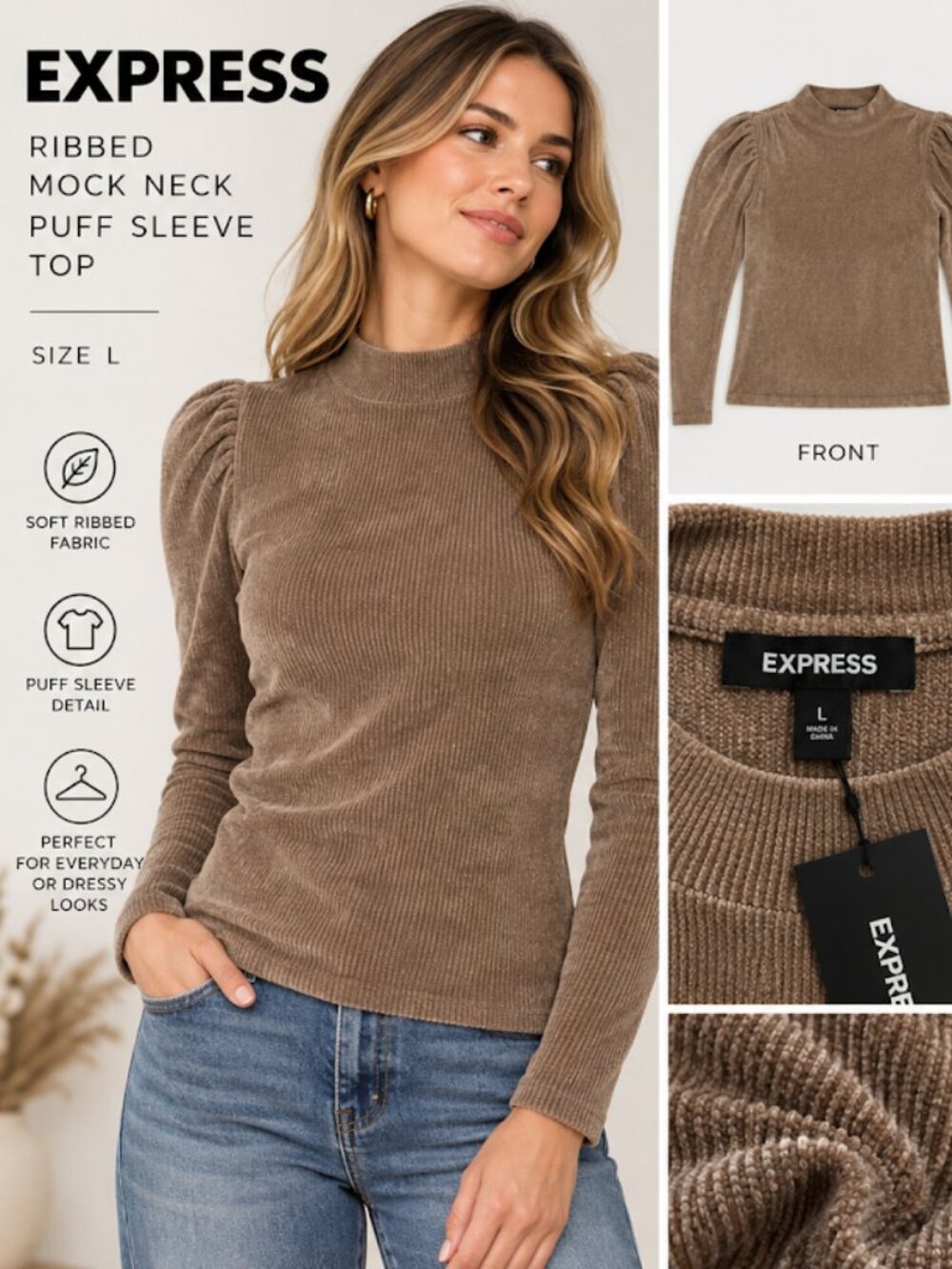 Express NWT Ribbed Mock Neck Puff Sleeve Top - Taupe Brown, Size L
